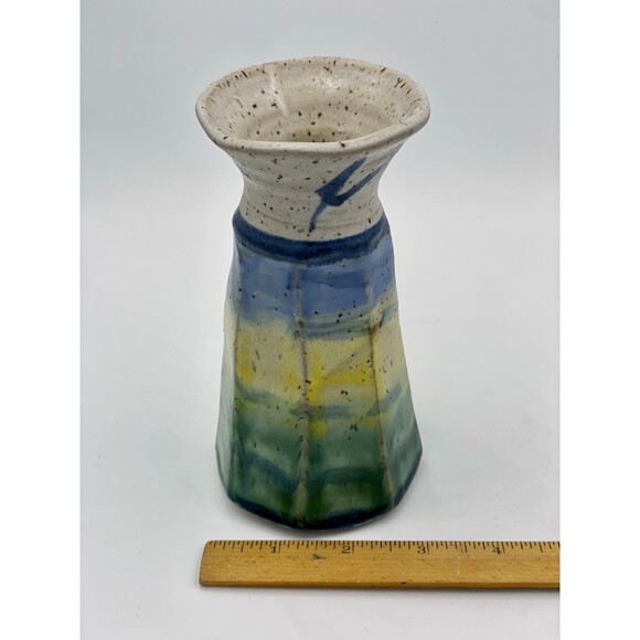 Handmade Studio Art Pottery Vase Signed MEG Sunset Glaze in Green, Yellow & Blue - Picture 9 of 10